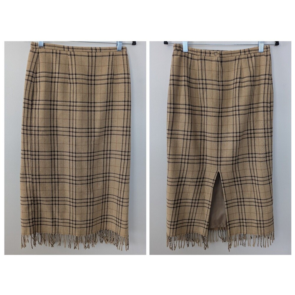 Vintage Sag Harbor Plaid Midi Skirt Size 8 Wool Blend Fringe Heritage Pencil